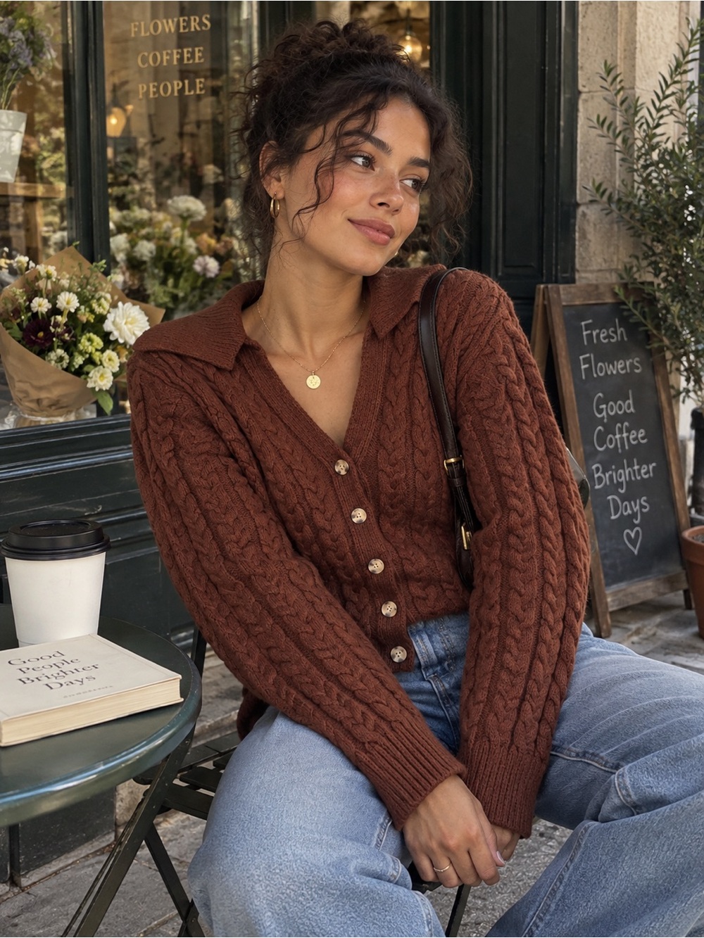 dip Womens S Brown Cable Knit Collared Cardigan Sweater Button Front Preppy